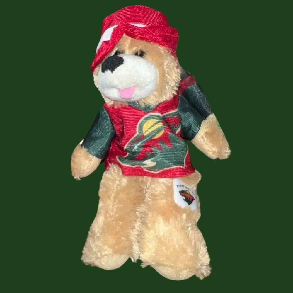 NWT NHL MN Wild Hockey Bear Jersey & Bucket Wild Hat Stuffed Bear 6” P18